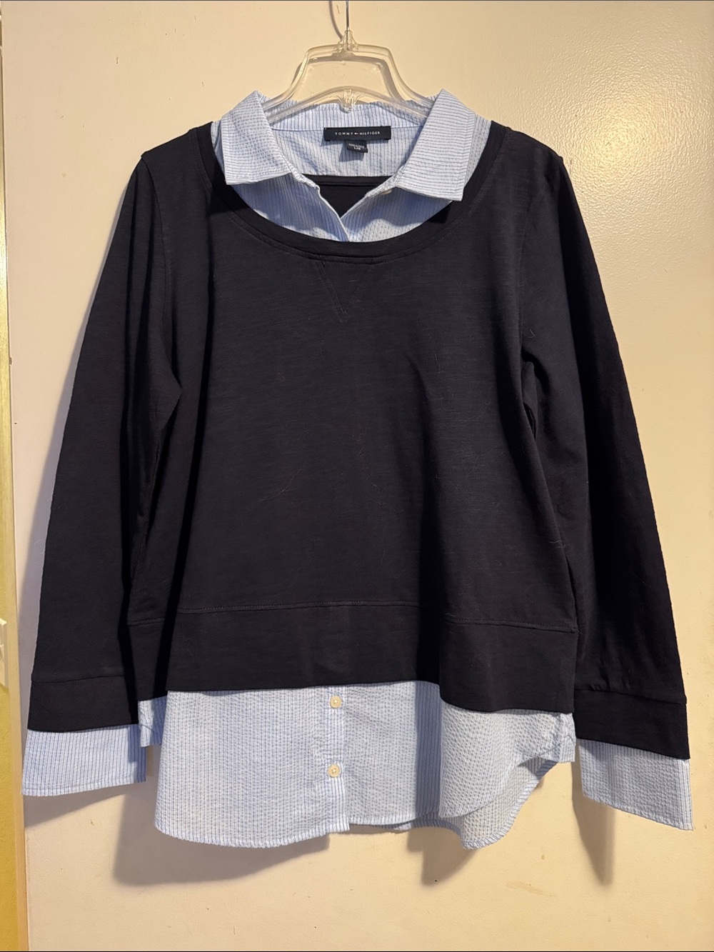 Tommy Hilfiger Navy and Light Blue Striped Shirt Label